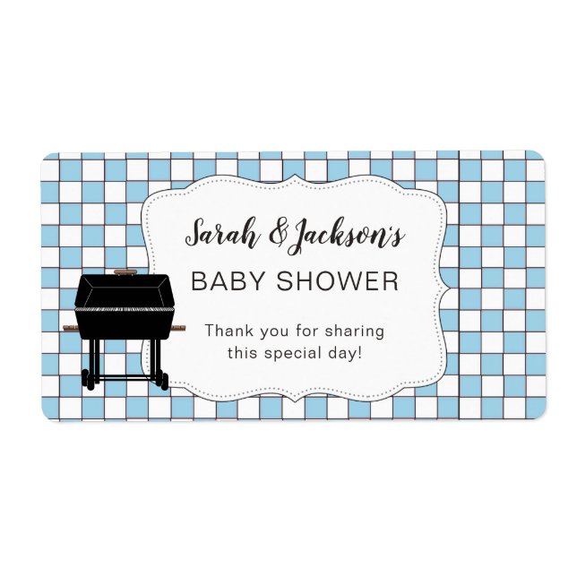Blue BaBy-Q baby shower favor or water bottle bbq Label (Front)
