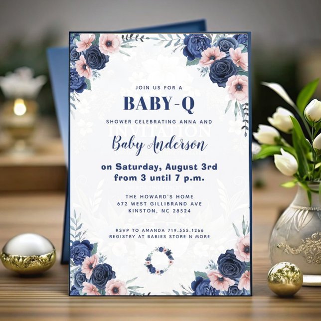 Blue Baby-Q Floral Rose Pastel BBQ Baby Shower Invitation (Creator Uploaded)