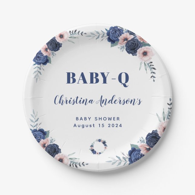 Blue Baby-Q Floral Rose Pastel BBQ Baby Shower Paper Plates (Front)