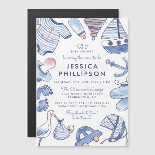 Blue Baby Sailor  Watercolor Nautical Baby Shower Magnetic Invitation