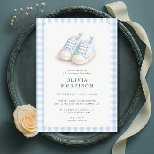 Blue Baby Shoes Boy Gingham Baby Shower Invitation