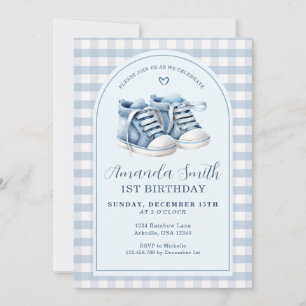 Blue Baby Shoes Boy Plaid Arch First Birthday Invitation