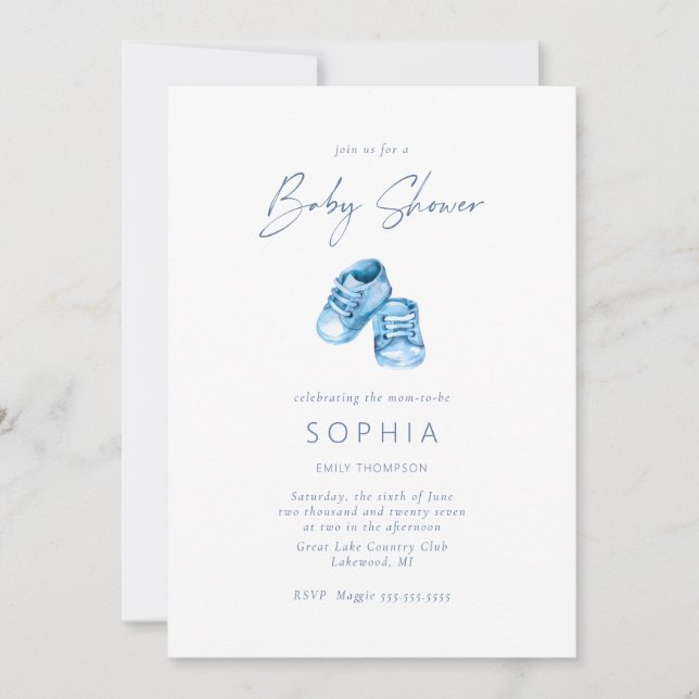 Blue baby shoes delicate Baby Shower Invitation (Front)