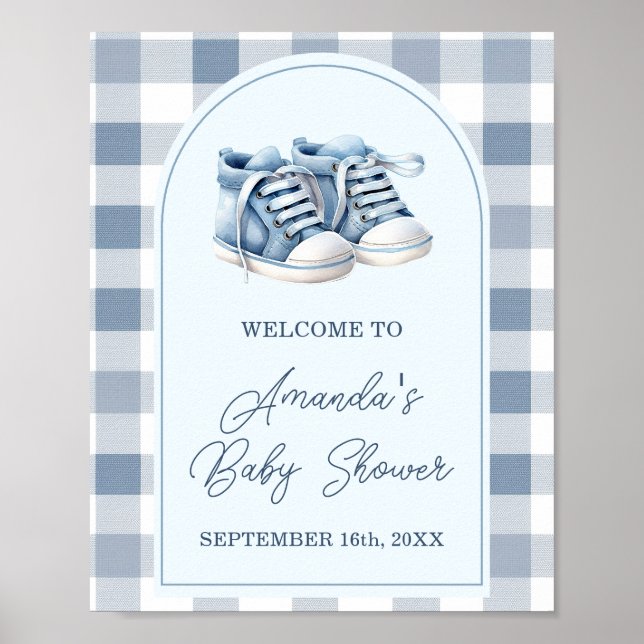Blue Baby Shoes Gingham Boy Baby Shower Welcome Poster (Front)