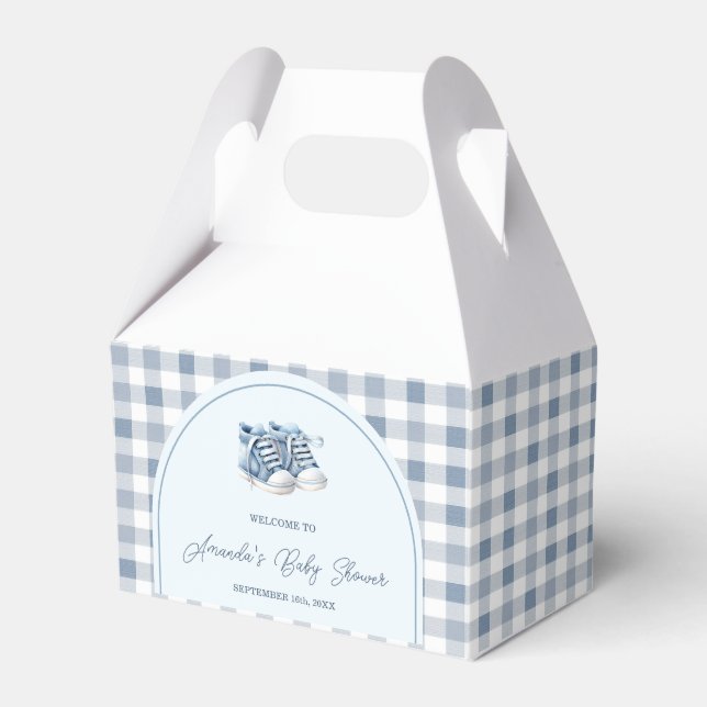 Blue Baby Shoes Gingham Boy Booties Baby Shower Favor Boxes (Front Side)