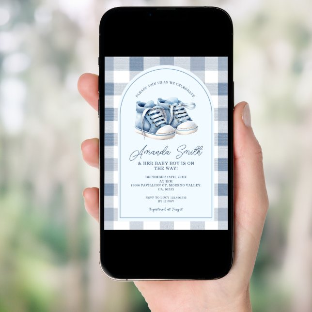 Blue Baby Shoes Gingham Boy Booties Baby Shower Invitation (Front Digital)