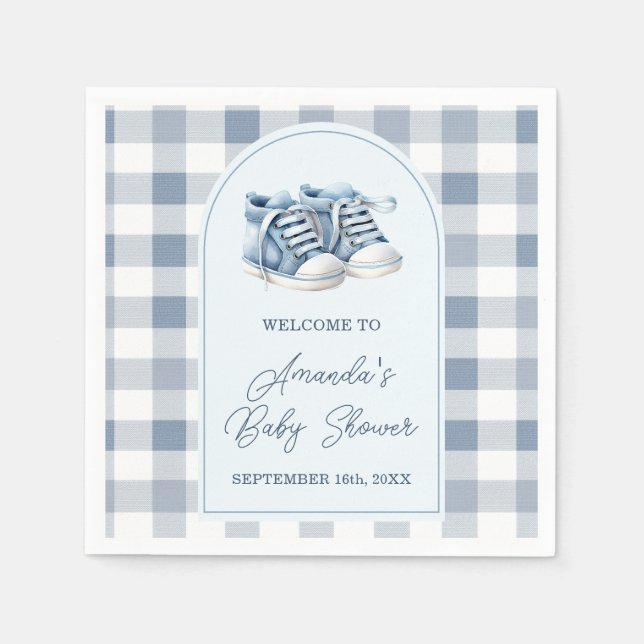 Blue Baby Shoes Gingham Boy Booties Baby Shower Napkins (Front)