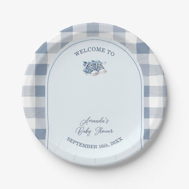 Blue Baby Shoes Gingham Boy Booties Baby Shower Paper Plates (Front)