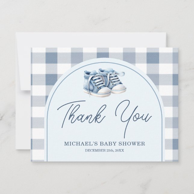 Blue Baby Shoes Gingham Boy Booties Baby Shower Thank You Card (Front)