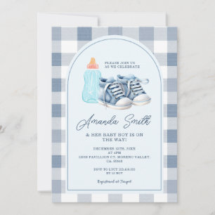 Blue Baby Shoes Gingham Boy Milk Bottles Invitation
