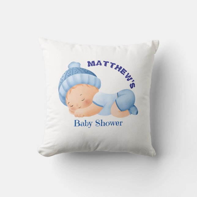Blue Baby Shower, Baby Boy Shower Throw Pillow (Front)