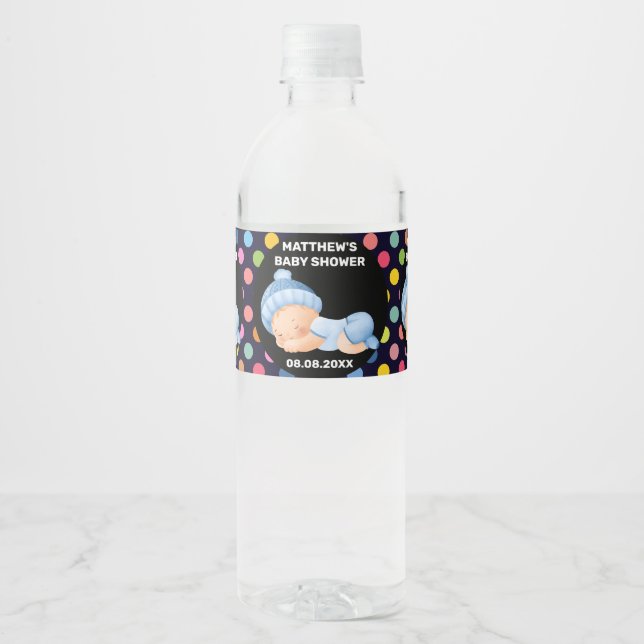 Blue Baby Shower, Baby Boy Shower Water Bottle Label (Front)