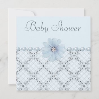 Blue Baby Shower Bling Flowers & Pearls Invitation by AJ_Graphics at Zazzle
