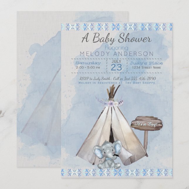 Blue Baby Shower Boho Baby Elephant & Tipi Invitation (Front/Back)