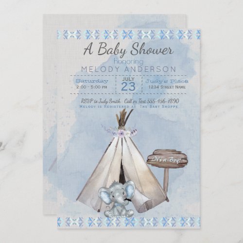 Blue Baby Shower Boho Baby Elephant  Tipi Invitation