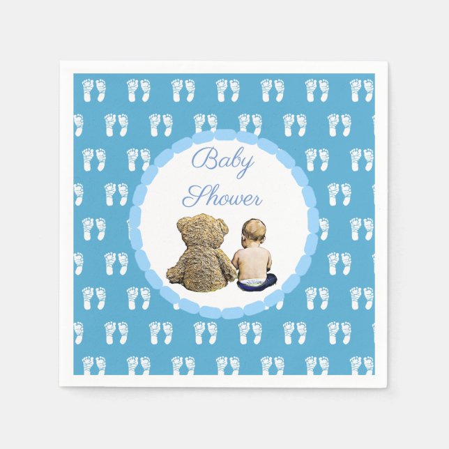 Blue Baby Shower Boy and Teddy Bear Napkins (Front)