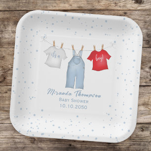 Blue Baby Shower Cute Clothesline Paper Plates