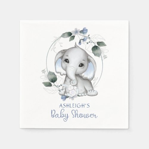 Blue Baby Shower Elephant Watercolor Greenery Napkins