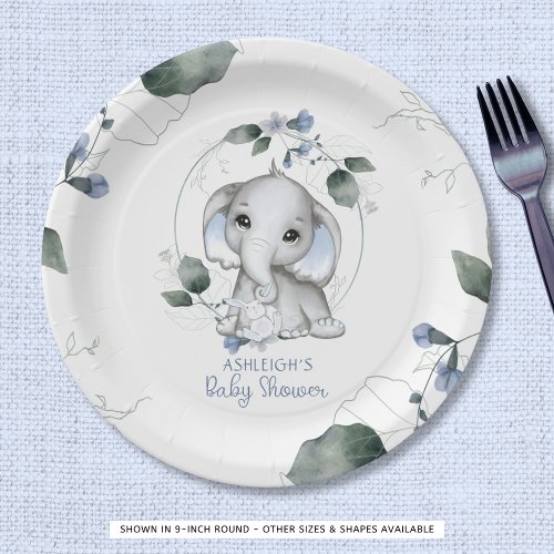 Blue Baby Shower Elephant Watercolor Greenery Paper Plates