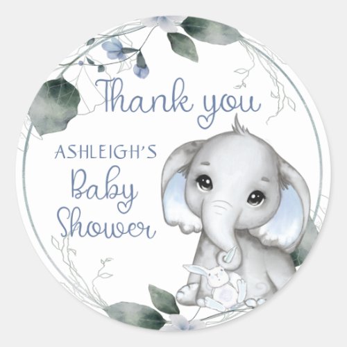 Blue Baby Shower Elephant Watercolor Thank You Classic Round Sticker