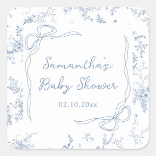 Blue Baby Shower Floral Bow Square Sticker