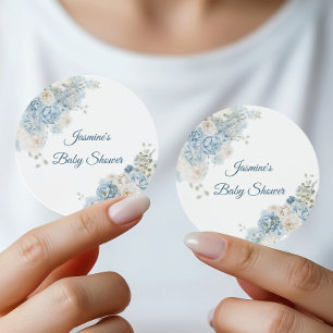 Blue Baby Shower Floral Name Sticker Favor