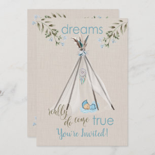 Blue Baby Shower for Boys Boho DreamCatcher Tipi Invitation