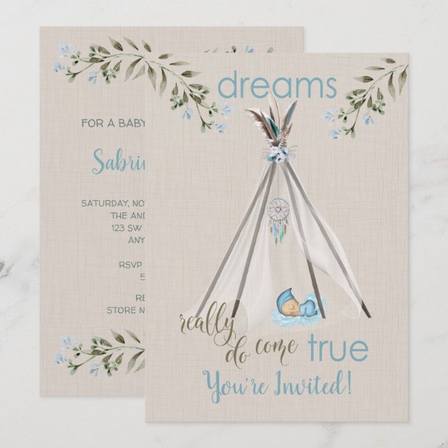 Blue Baby Shower for Boys  Boho DreamCatcher Tipi Invitation (Front/Back)