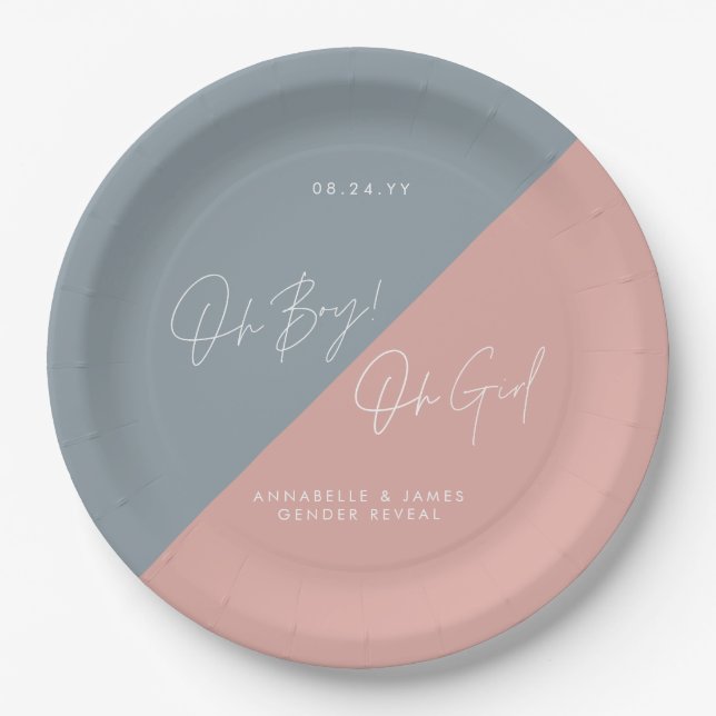 blue baby shower gender reveal paper plates (Front)