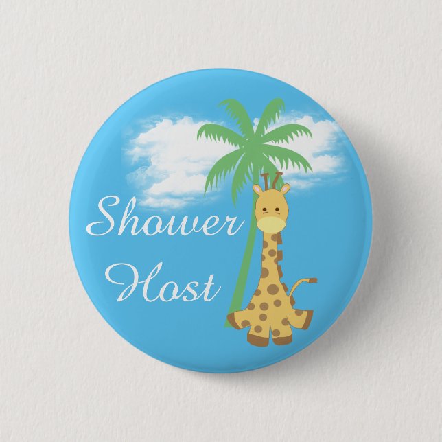 Blue baby shower host giraffe badges pinback button (Front)