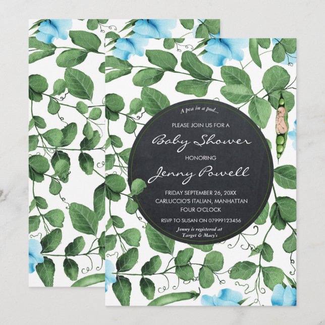 blue baby shower invitation boy pea in a pod (Front/Back)