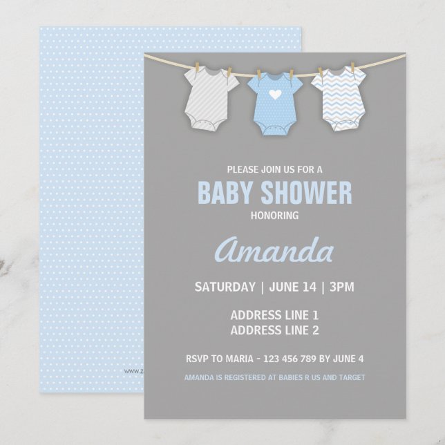Blue Baby Shower Invitation, Clothesline Theme Invitation (Front/Back)