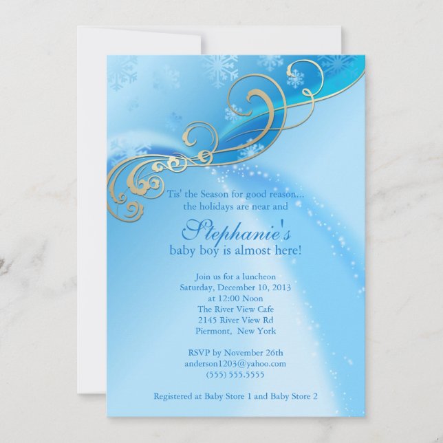 Blue Baby Shower Invitation Winter Snowflakes (Front)