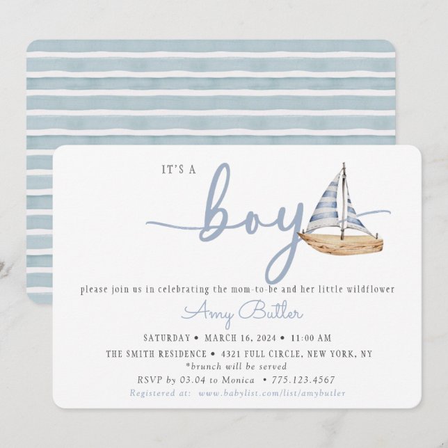 Blue Baby Shower Invitation with Sailboat & Stripe (Front/Back)