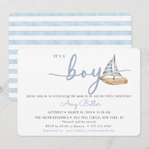 Blue Baby Shower Invitation with Sailboat & Stripe