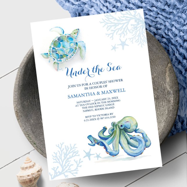 Blue Baby Shower Invitations | Under The Sea (Nautical baby shower ideas unique watercolor art by Victoria Grigaliunas of Do Tell A Belle)