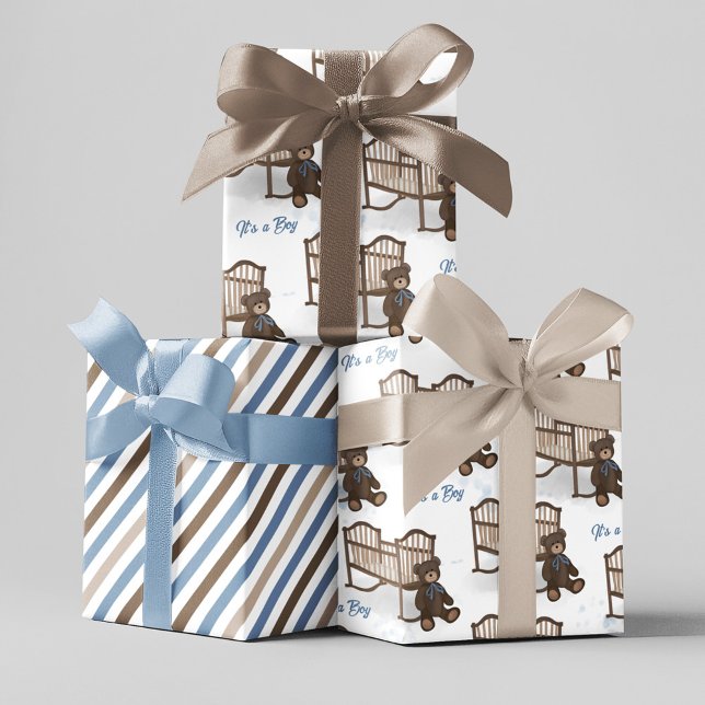 Blue Baby Shower It's A Boy Teddy Bear  Wrapping Paper Sheets (Baby shower "it's a Boy" wrapping paper set)