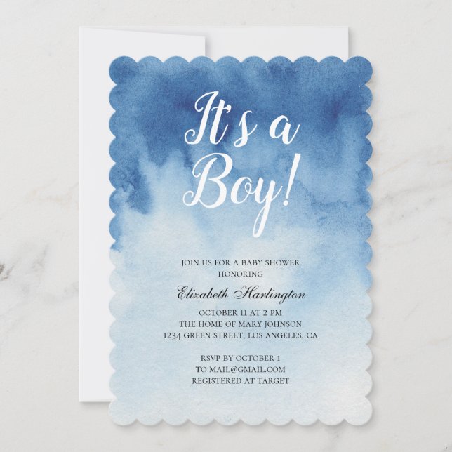 Blue baby shower. It's a boy. Watercolor modern Invitation (Front)