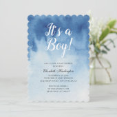 Blue baby shower. It's a boy. Watercolor modern Invitation (Standing Front)