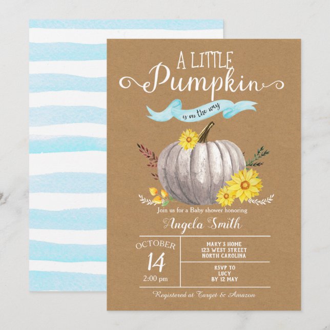 Blue Baby Shower Little Pumpkin Fall Invite kraft (Front/Back)