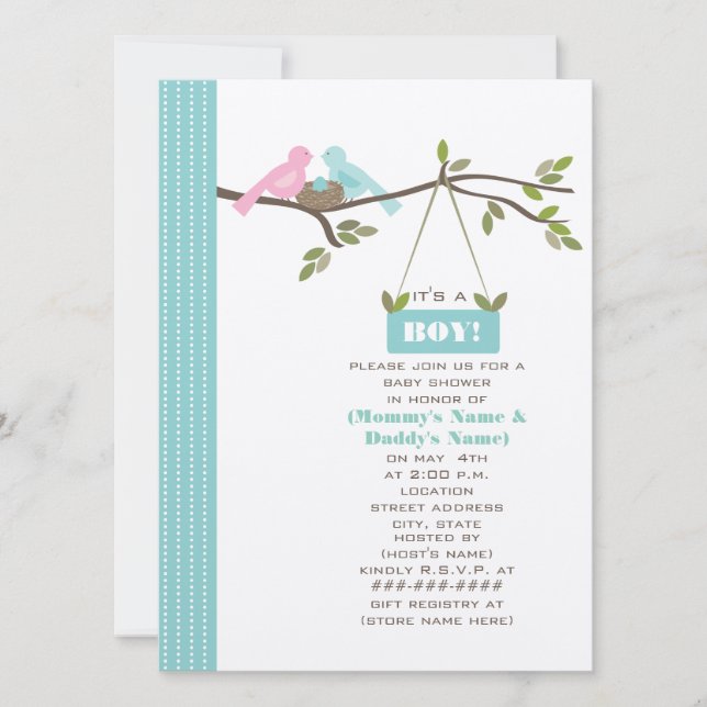 Blue Baby Shower Mommy & Daddy Birds & Nest Invitation (Front)