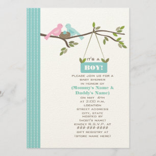 Blue Baby Shower Mommy & Daddy Birds & Nest Invitation