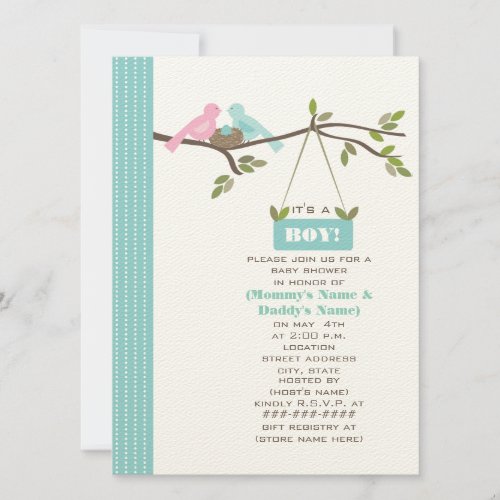 Blue Baby Shower Mommy &amp; Daddy Birds &amp; Nest Personalized Invite