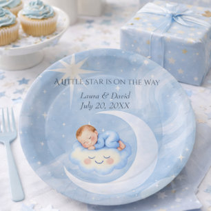 Blue Baby Shower Moon Star Cute Sleeping Baby Paper Plates