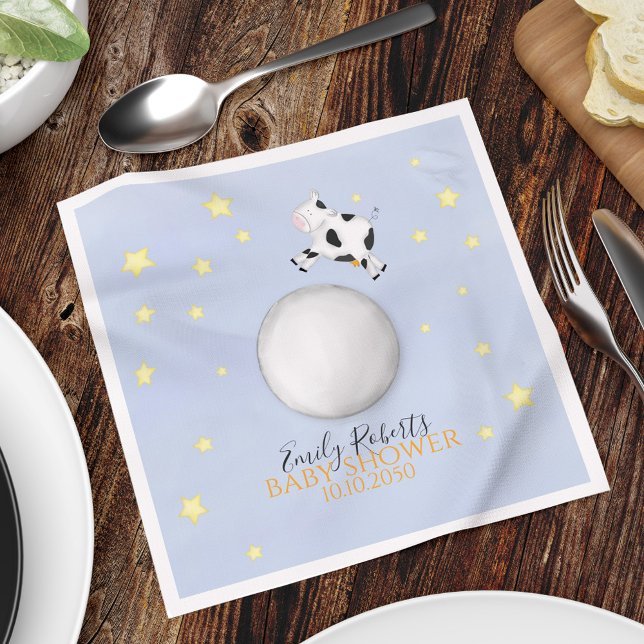 Blue Baby Shower Nursery Rhyme Custom  Napkins (Cute whimsical cow jumped over the moon custom party napkin.)