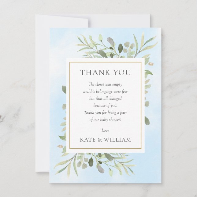 Blue Baby Shower Poem Spring Leaves Greenery  Thank You Card (Front)