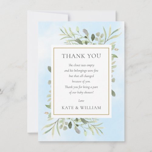 Blue Baby Shower Poem Spring Leaves Greenery  Thank You Card