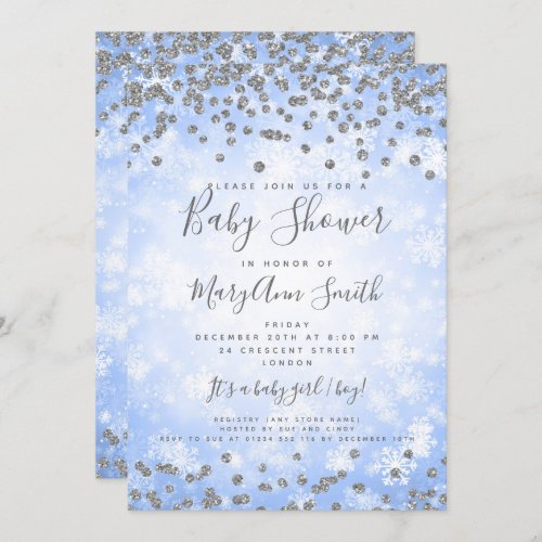 Blue Baby Shower Silver Glitter Winter Wonderland Invitation