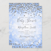 Blue Baby Shower Silver Glitter Winter Wonderland Invitation