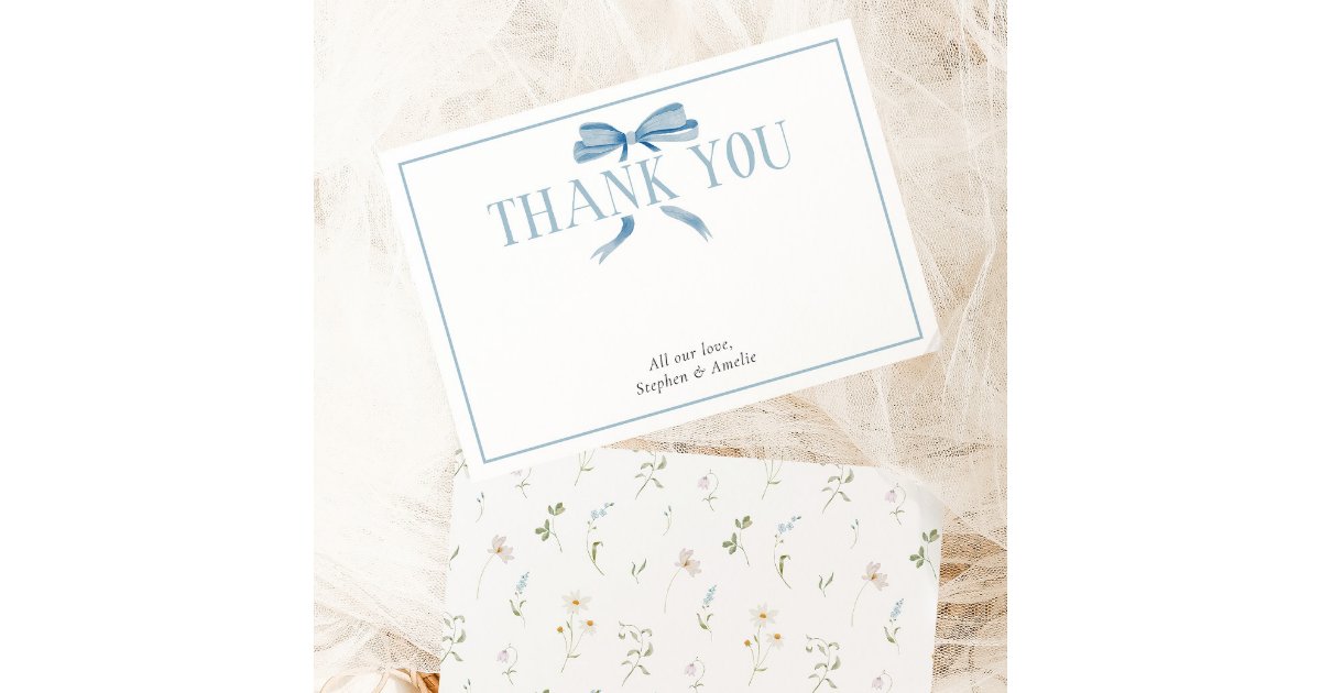 Blue Baby Shower Spring Floral Bow Thank You Card | Zazzle